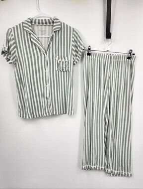 Milk BerryStriped Two-Piece Pajama Set - Sage & White Sz XS